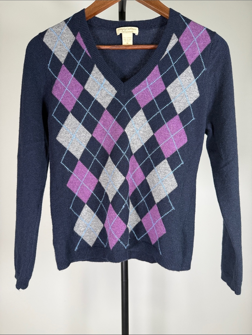 Simply Cashmere 100% Cashmere Argyle V-Neck Sweater Navy Blue Purple Gray Size M